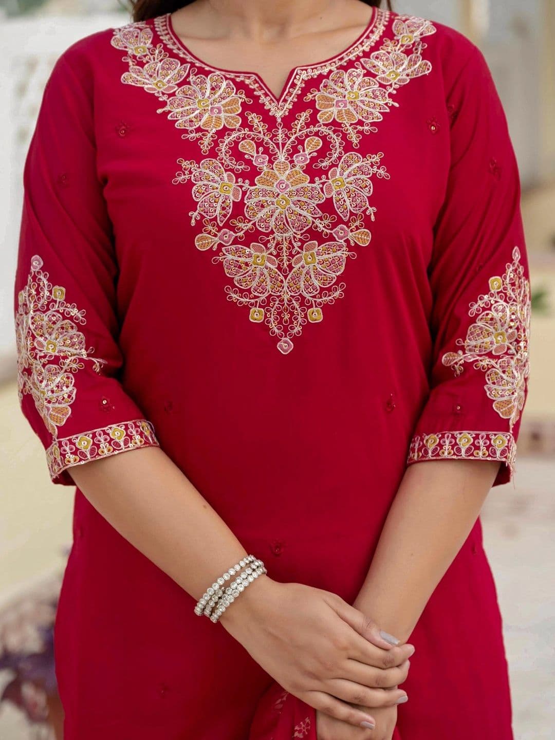Sangria Women Ethnic Motifs Embroidered Regular Thread Work Kurta with Trousers & With Dupatta thumbnail 4