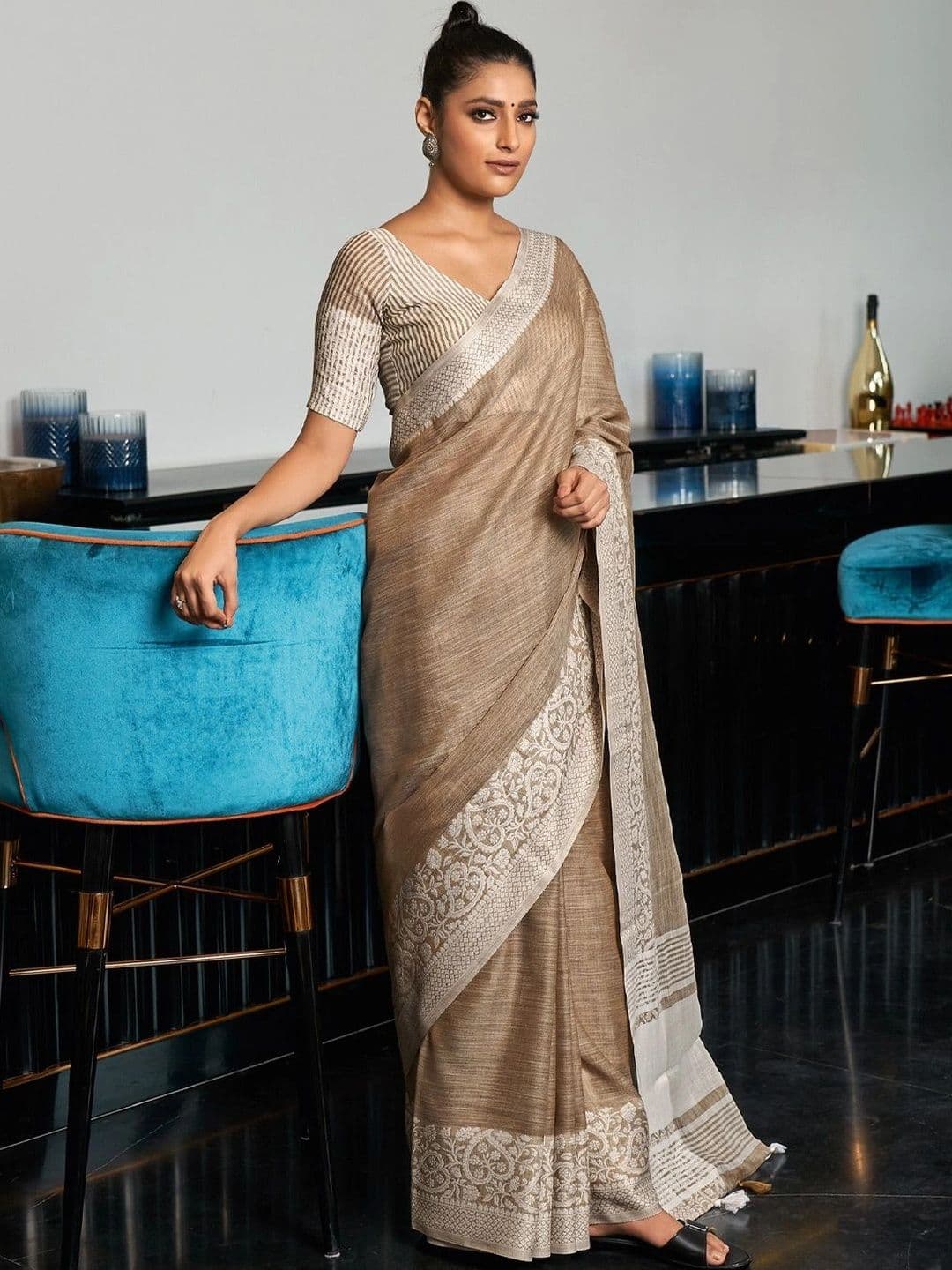 Mitera Striped Linen Blend Saree - view 1