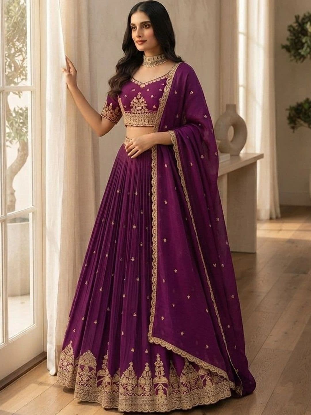 HERE&NOW Embroidered Semi-Stitched Lehenga & Blouse With Dupatta thumbnail 2
