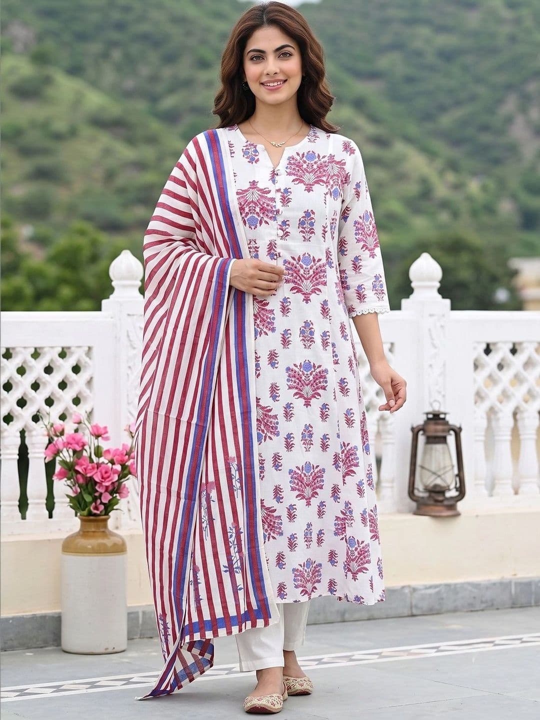Jaitpuriya Women Ethnic Motifs Printed Regular Pure Cotton Kurta with Trousers & With Dupatta thumbnail 2