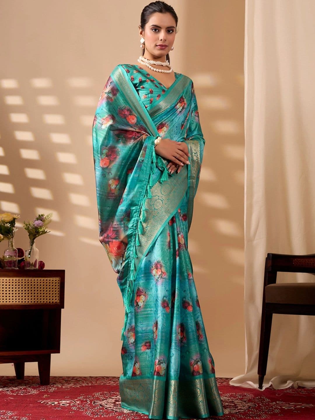 Moda Rapido Floral Zari Silk Blend Designer Saree thumbnail 4