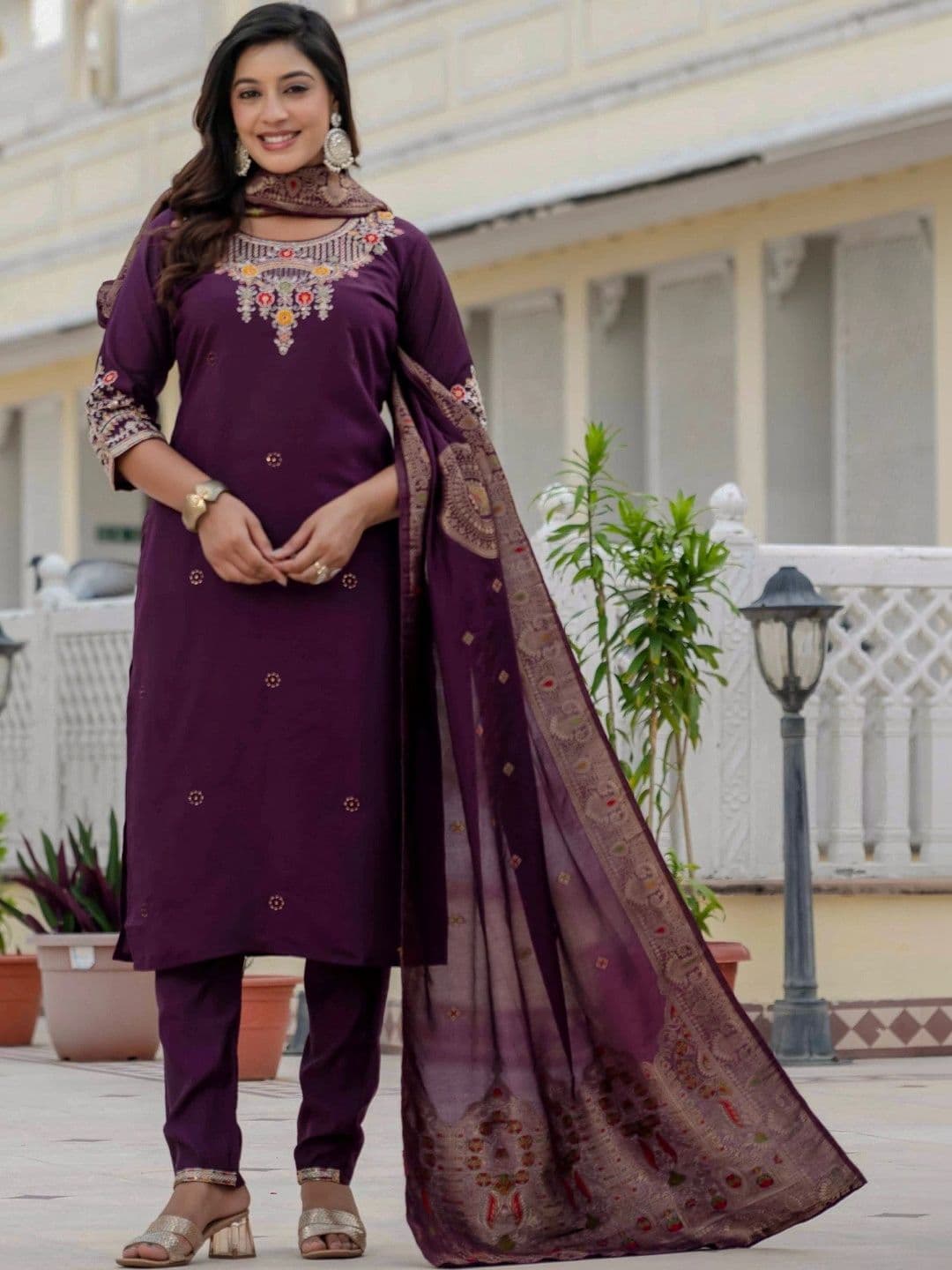 Sangria Women Ethnic Motifs Thread Work Kurta with Trousers & With Dupatta - view 1