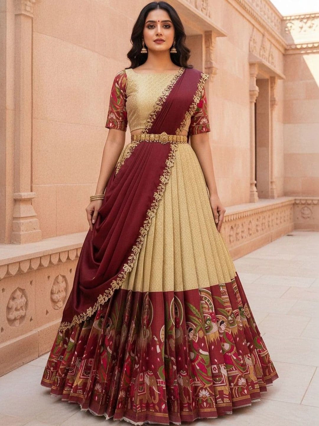 Pink Bindi Sequinned Unstitched Lehenga & Blouse With Dupatta - view 1