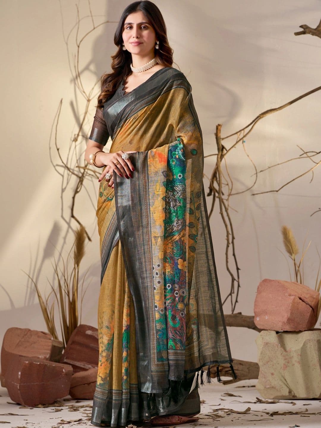 Moda Rapido Floral Zari Linen Blend Designer Saree thumbnail 7