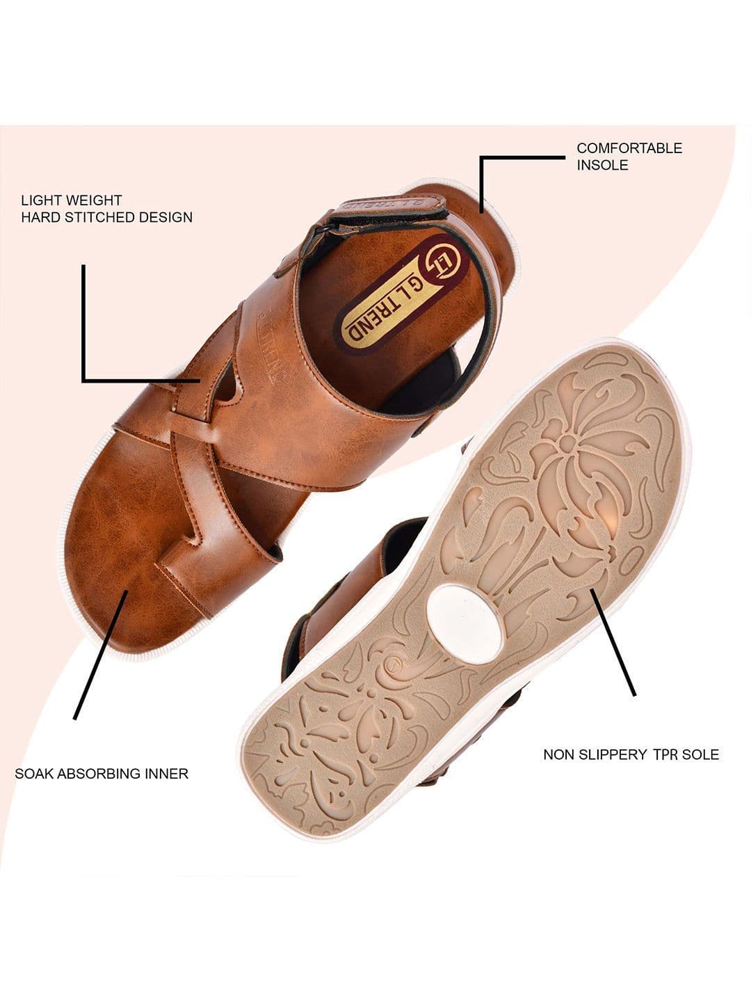 G L Trend Men Tan Solid Casual Comfort Sandals with Cross-Strap Design thumbnail 5