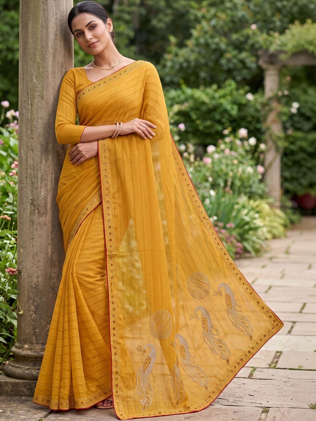 Jaipur Vogue Striped Poly Georgette Saree thumbnail 2
