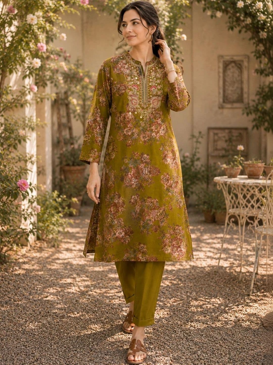 Nayam By Lakshita Women Floral Printed Regular Thread Work Kurta with Trousers thumbnail 2