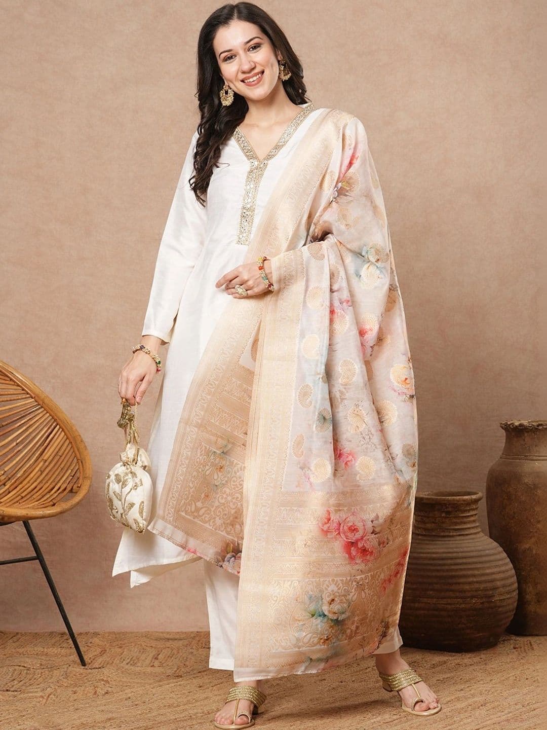 KALINI Women Floral Regular Sequinned Kurta with Trousers & With Dupatta - view 1