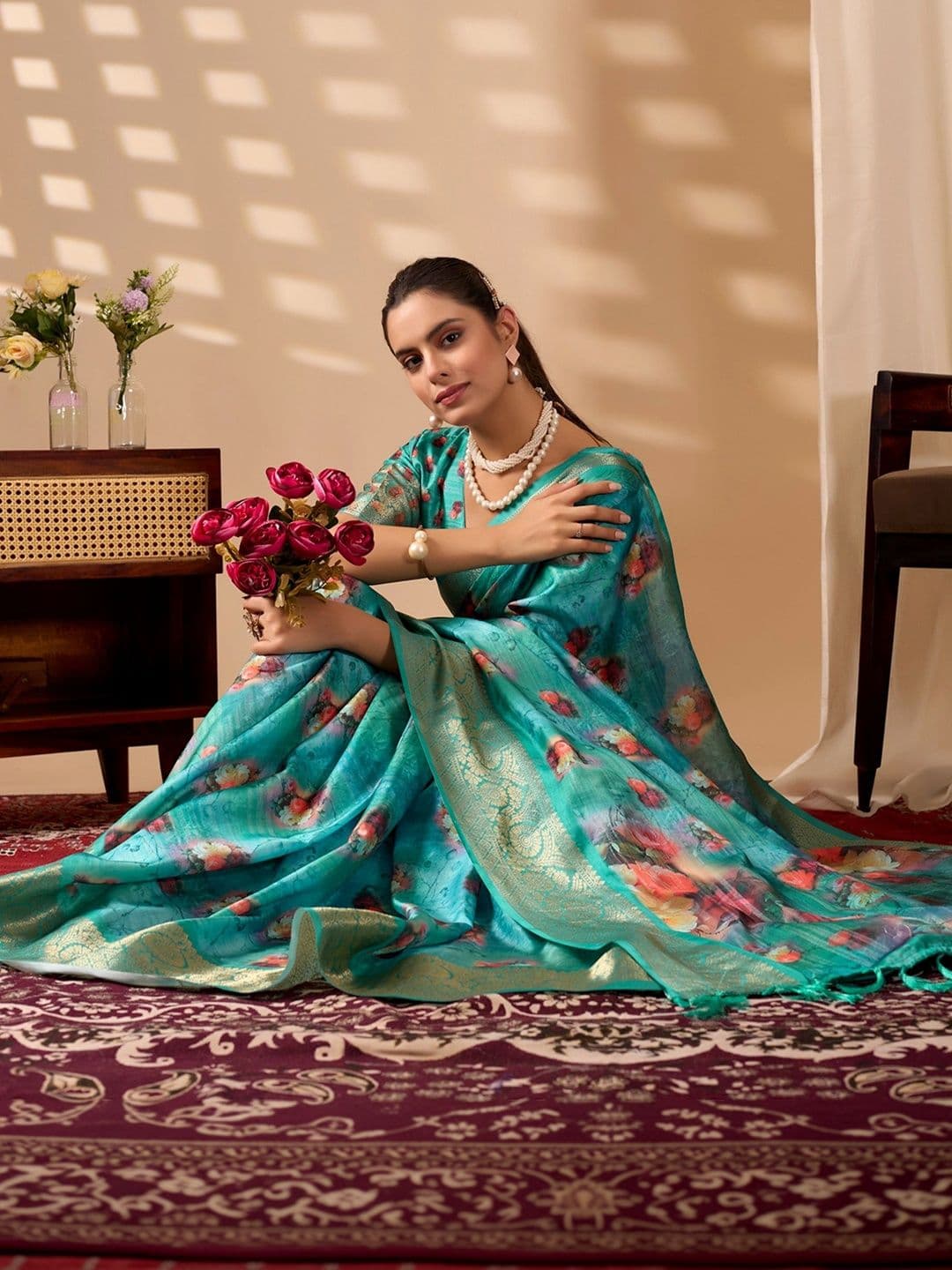Moda Rapido Floral Zari Silk Blend Designer Saree thumbnail 3