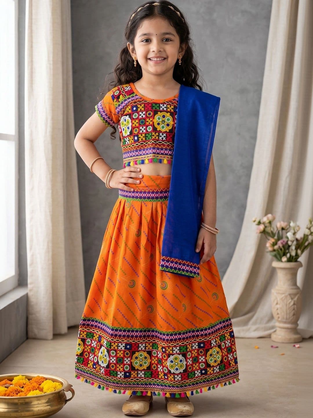ahhaaaa Girls Embellished Mirror Work Ready to Wear Lehenga & Blouse With Dupatta - view 1