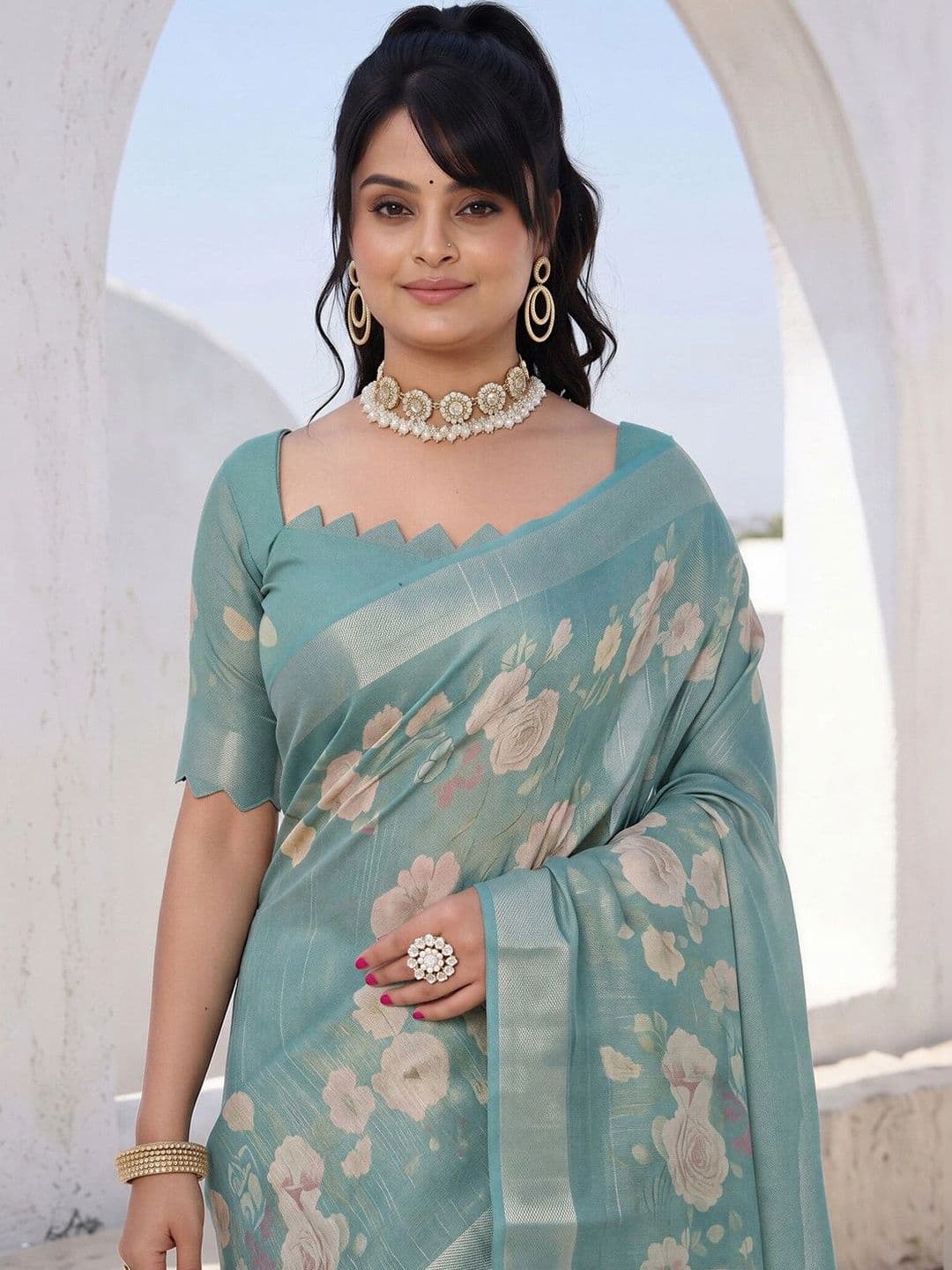 Anouk Floral Silk Cotton Designer Saree thumbnail 7