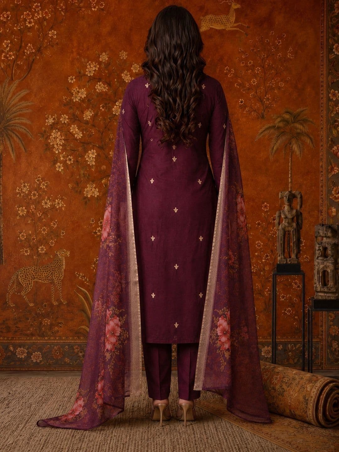 Sangria Ethnic Motifs Embroidered Thread Work A-Line Kurta with Trousers & Dupatta thumbnail 5