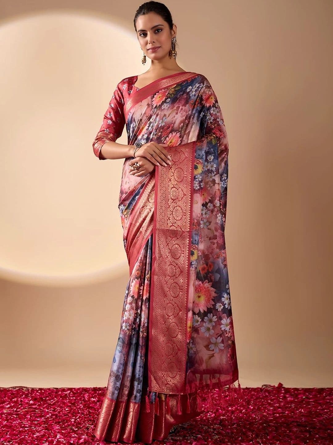 Moda Rapido Floral Zari Silk Blend Designer Saree - view 1