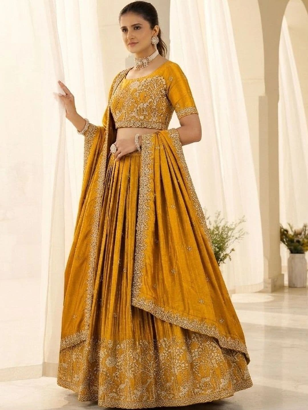 HERE&NOW Embroidered Thread Work Semi-Stitched Lehenga & Blouse With Dupatta thumbnail 4