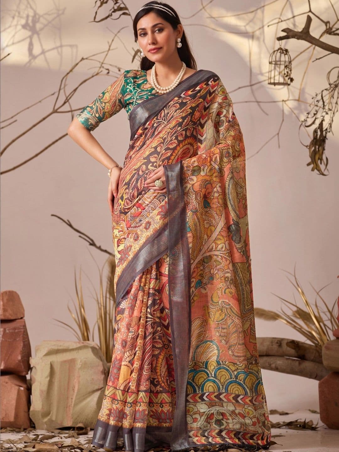 Moda Rapido Kalamkari Zari Linen Blend Designer Patola Saree - view 1
