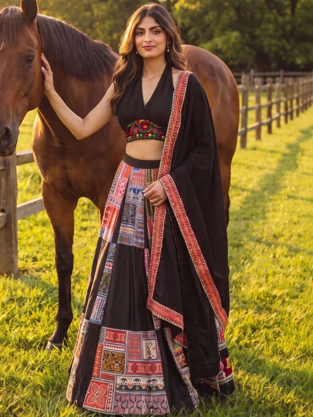 JIHU CULTURE Embroidered Thread Work Semi-Stitched Lehenga & Unstitched Blouse With Dupatta thumbnail 4