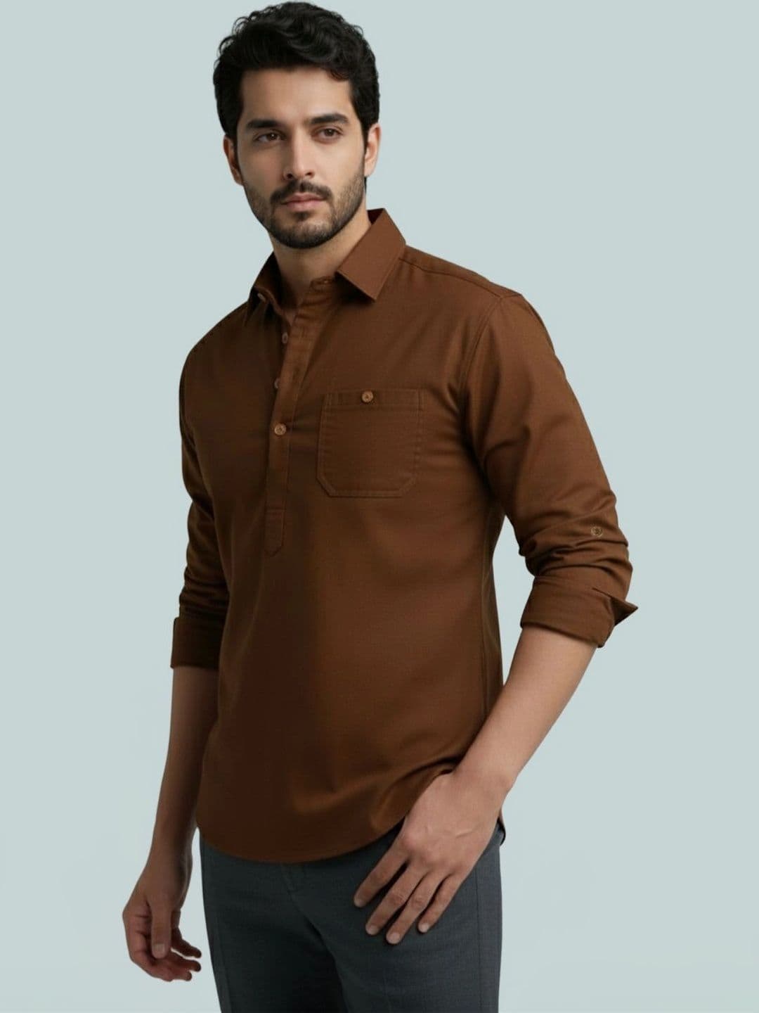 Amrit Trending Men Cotton Solid Mandarin Collar Kurta thumbnail 4