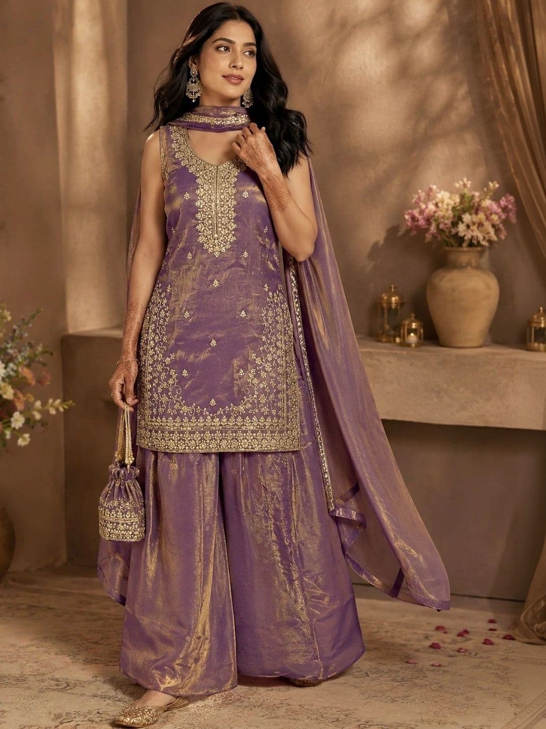 HERE&NOW Women Ethnic Motifs Embroidered Regular Kurta with Sharara & With Dupatta thumbnail 2