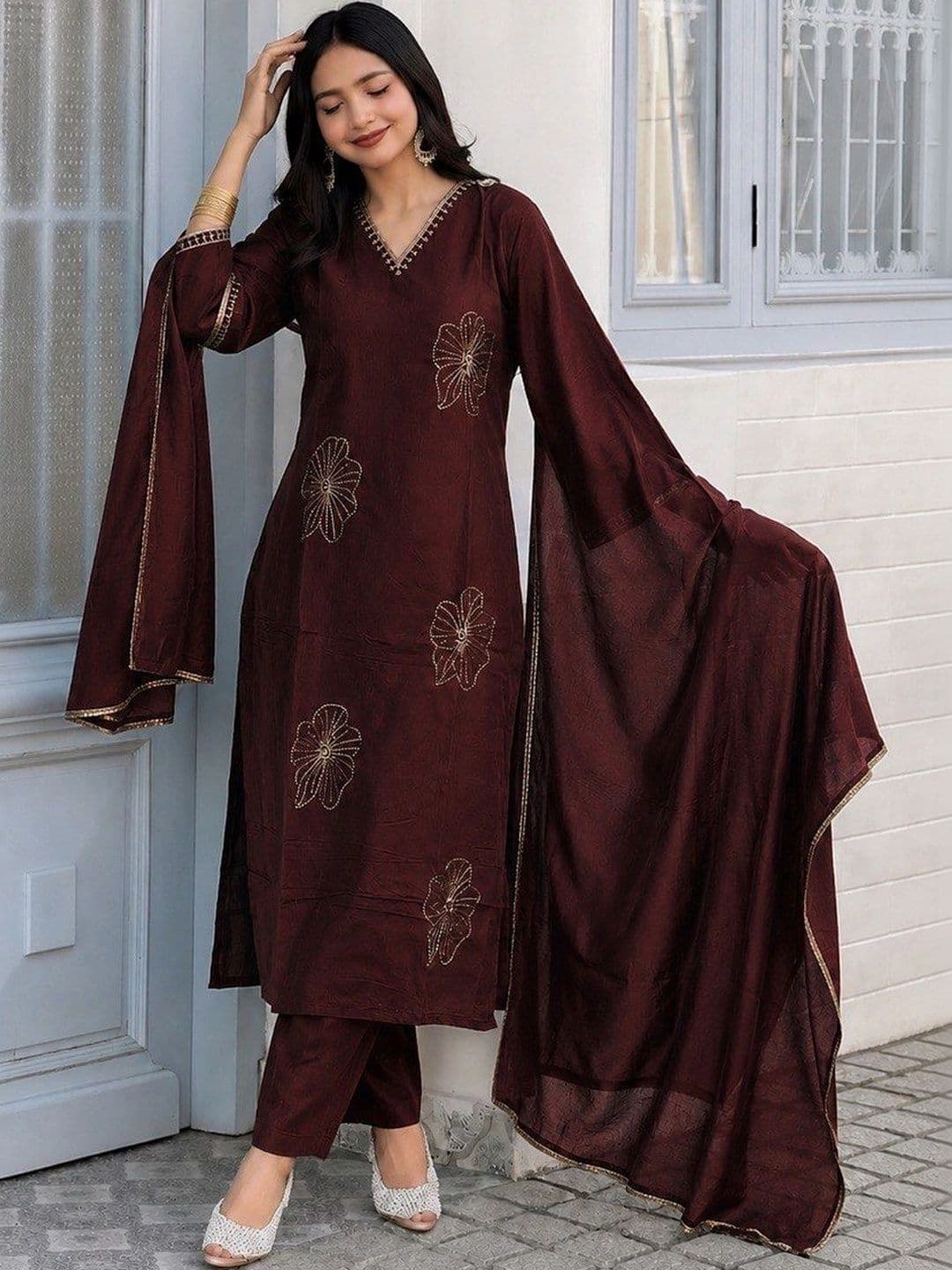 KALINI Women Ethnic Motifs Embroidered Regular Thread Work Silk Chiffon Kurta with Trousers & With Dupatta - view 1