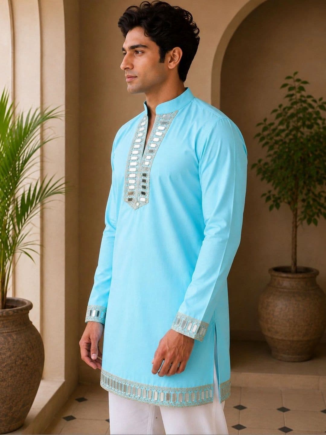 House of Pataudi Men Embellished Mirror Work Kurta thumbnail 3