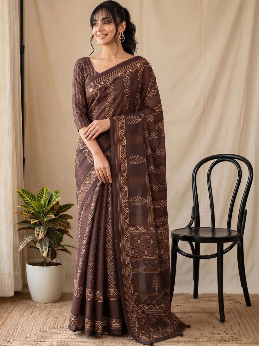 Anouk Batik Silk Blend Designer Block Print Saree - view 1
