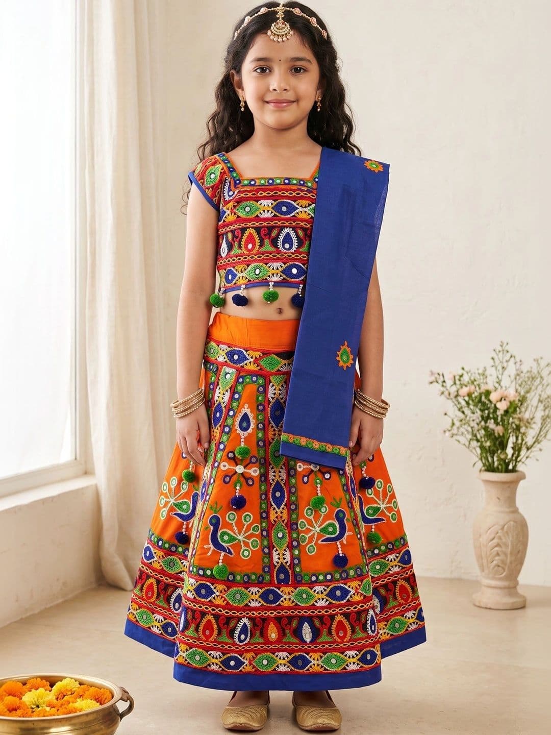 ahhaaaa Girls Embroidered Mirror Work Ready to Wear Lehenga & Blouse With Dupatta - view 1