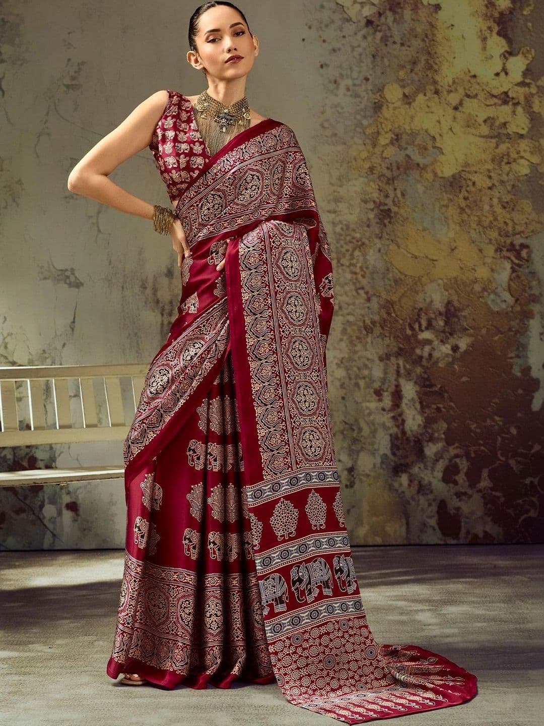 Sangria Embroidered Satin Designer Block Print Saree - view 1