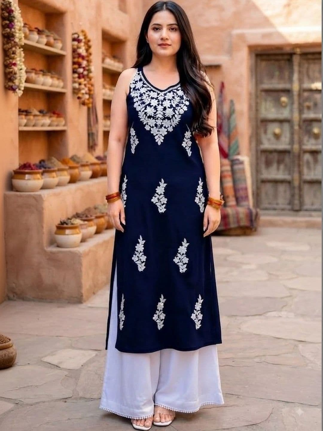 RUNAYA NX Women Ethnic Motifs Embroidered Regular Thread Work Kurta with Palazzos thumbnail 3