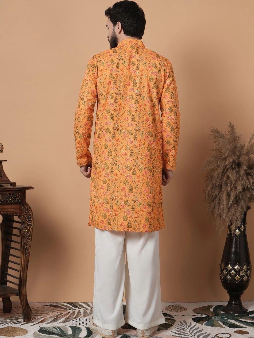 SHROBH Men Floral Printed Mirror Work Floral Kurta thumbnail 2