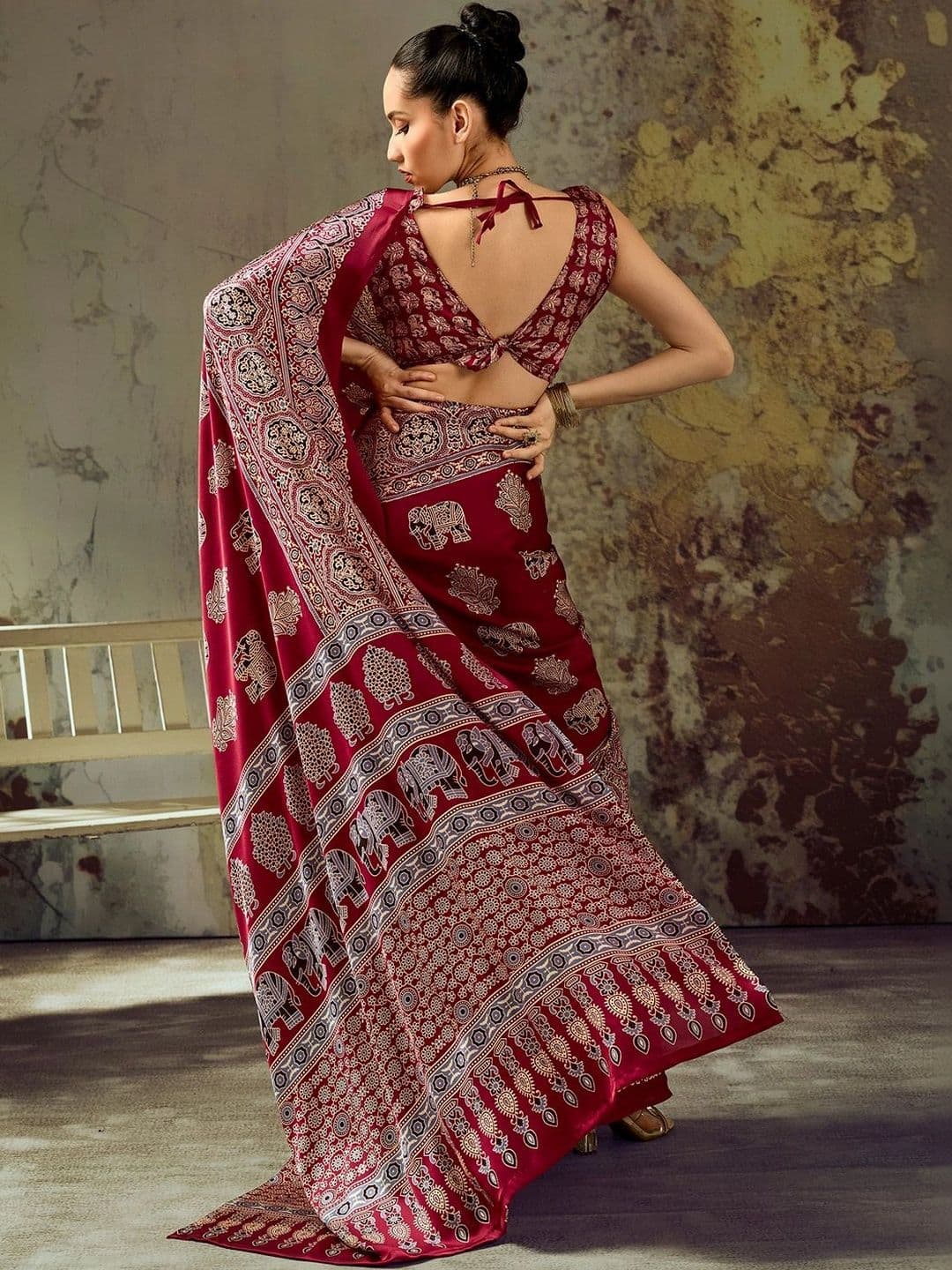 Sangria Embroidered Satin Designer Block Print Saree thumbnail 2