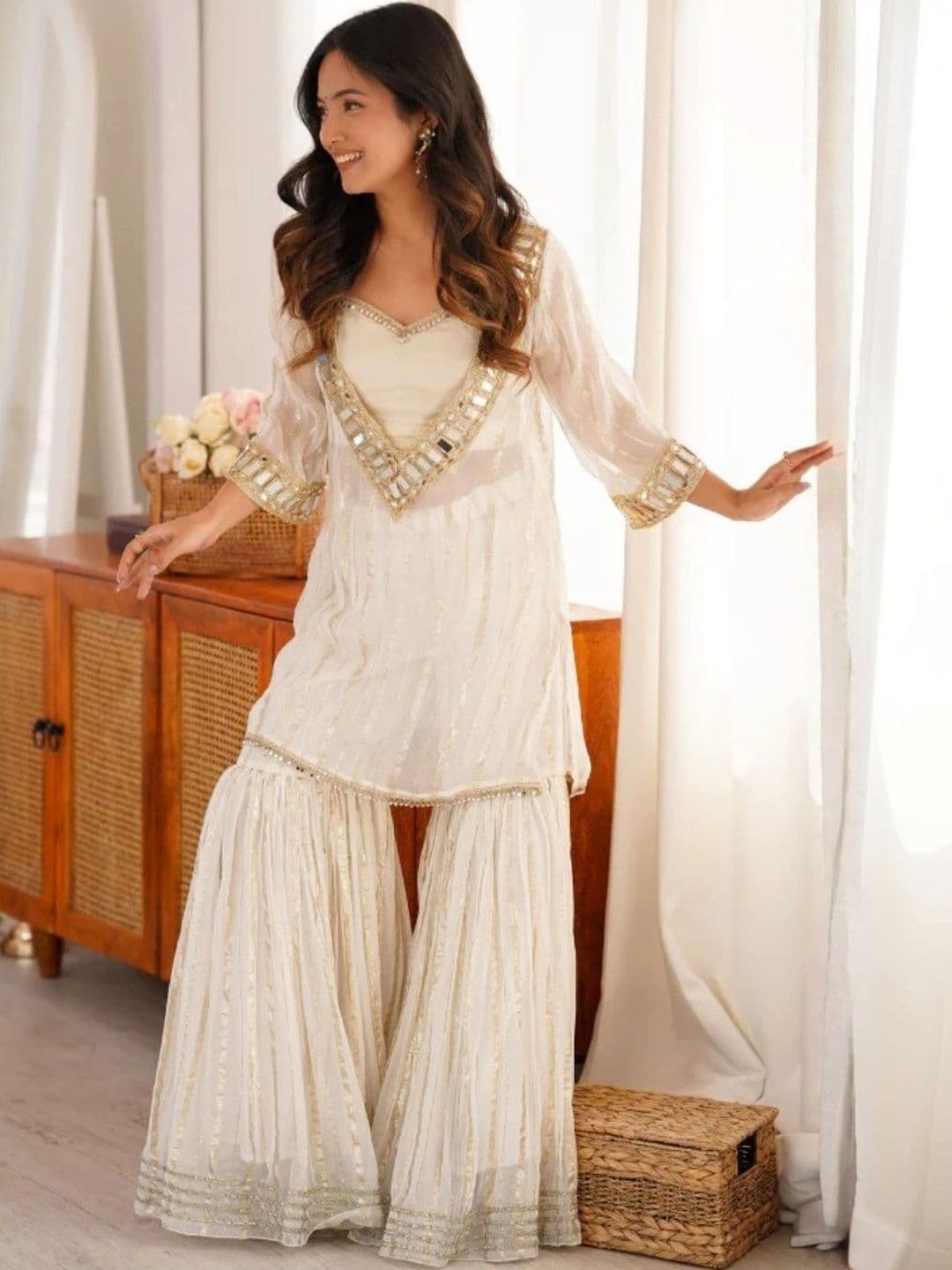 HERE&NOW Women Regular Mirror Work Chanderi Silk Kurti with Sharara - view 1