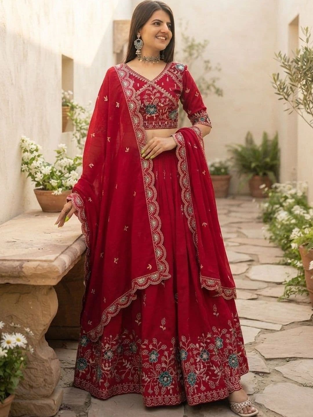 HERE&NOW Embroidered Thread Work Semi-Stitched Lehenga & Blouse With Dupatta thumbnail 4
