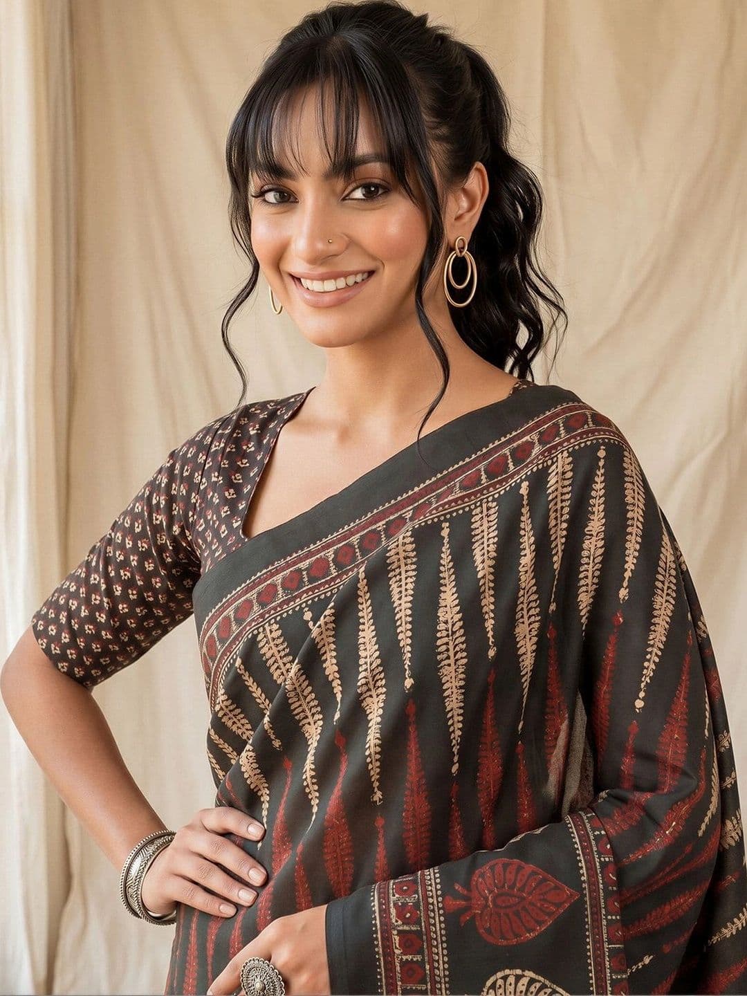 Anouk Batik Silk Blend Designer Block Print Saree thumbnail 2