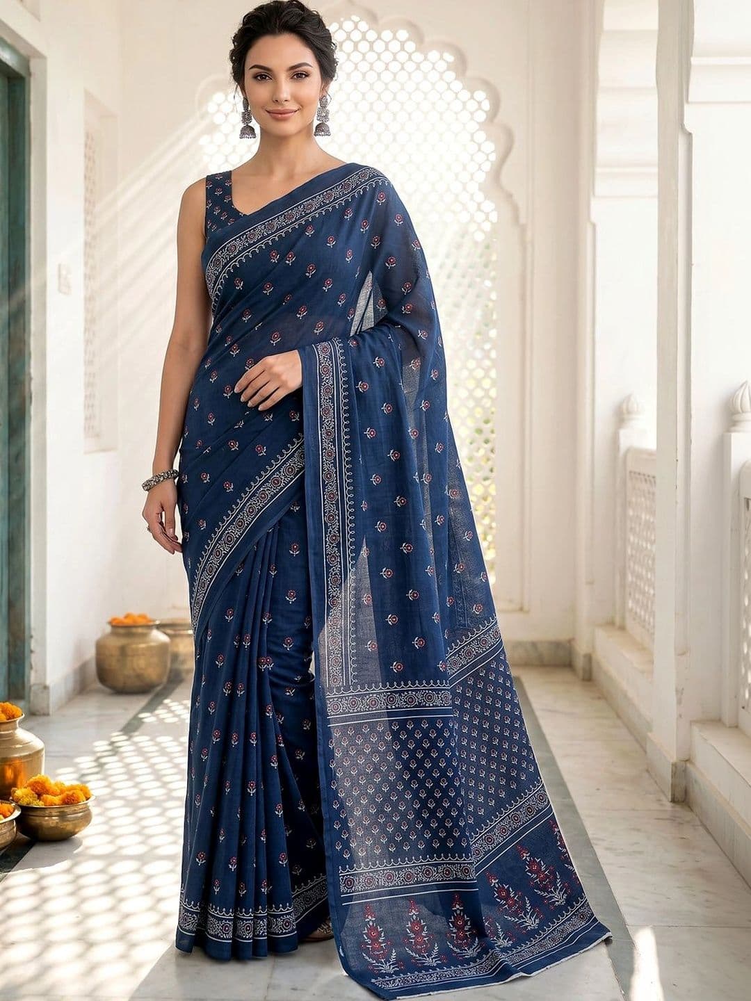 VS MALL Floral Pure Cotton Ikat Saree - view 1