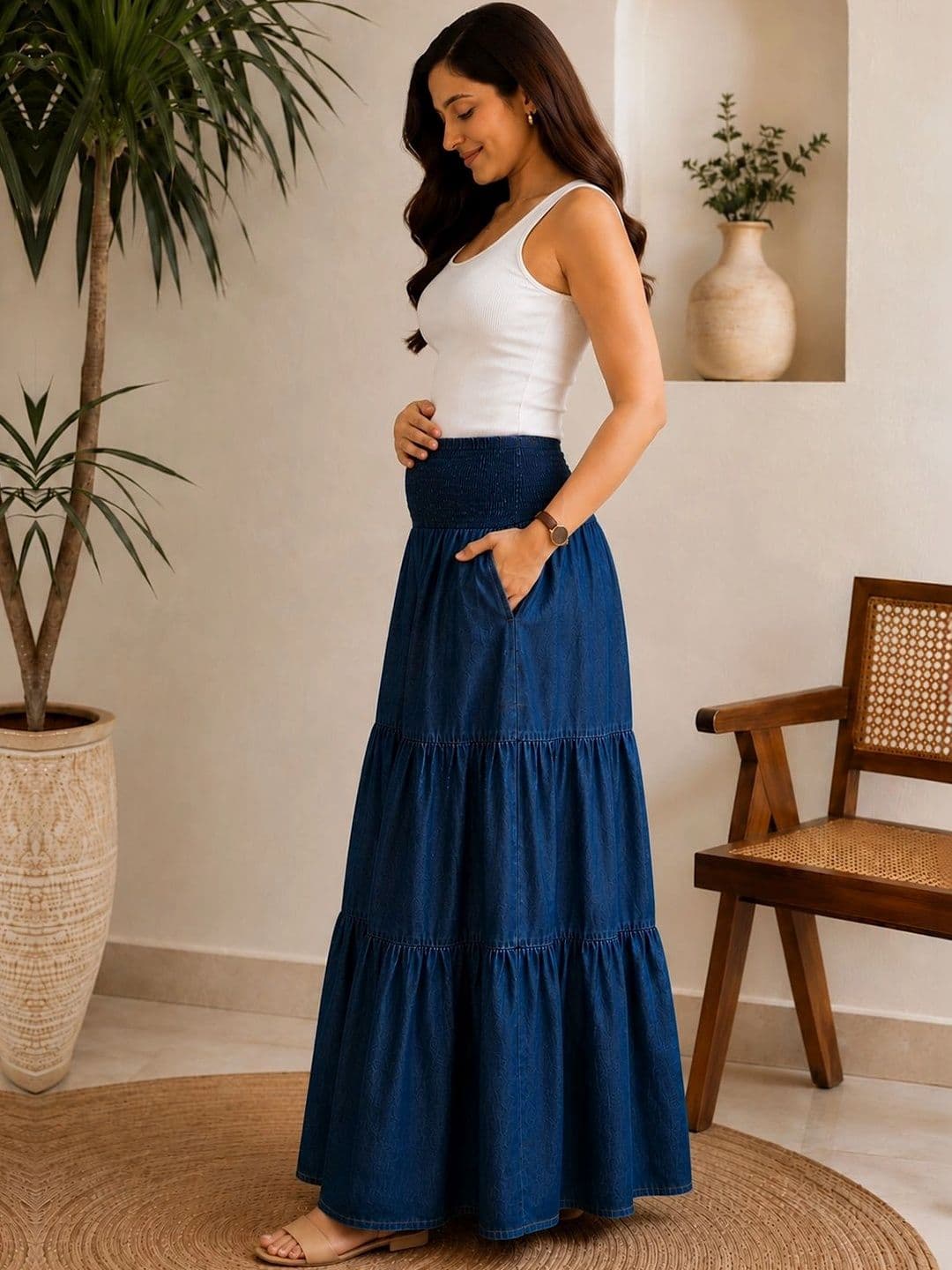 angloindu Women Cotton Tiered Maxi Flared Skirt thumbnail 5