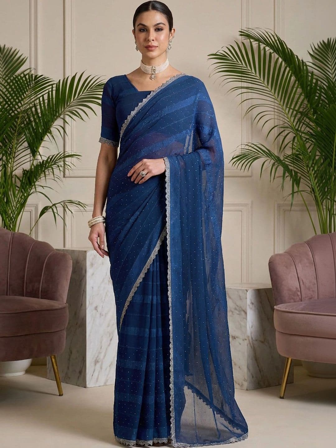 Anouk Rustic Striped Embroidered Silk Blend Designer Saree - view 1