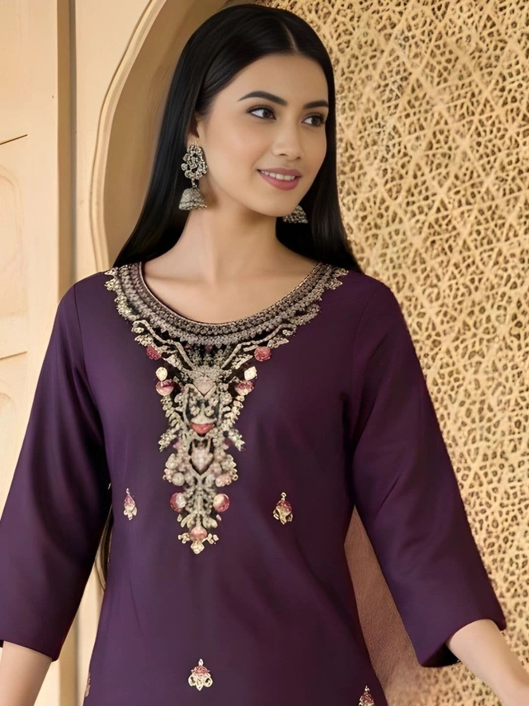 HERE&NOW Women Floral Embroidered Regular Thread Work Kurta with Trousers & With Dupatta thumbnail 2