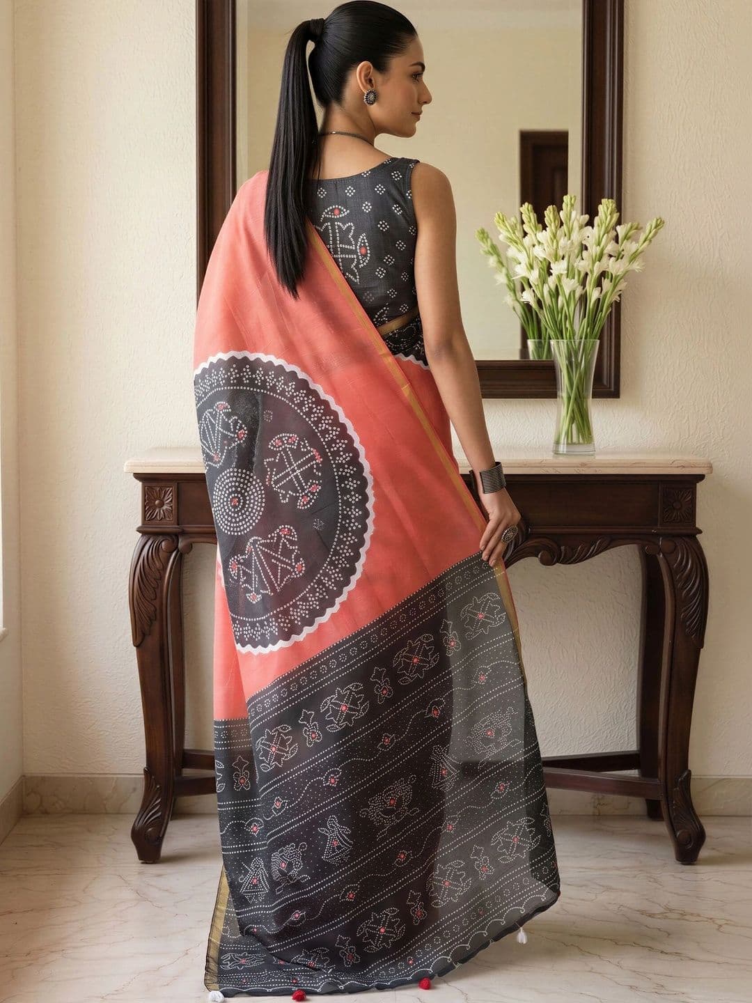 Sangria Bandhani Designer Block Print Saree thumbnail 2