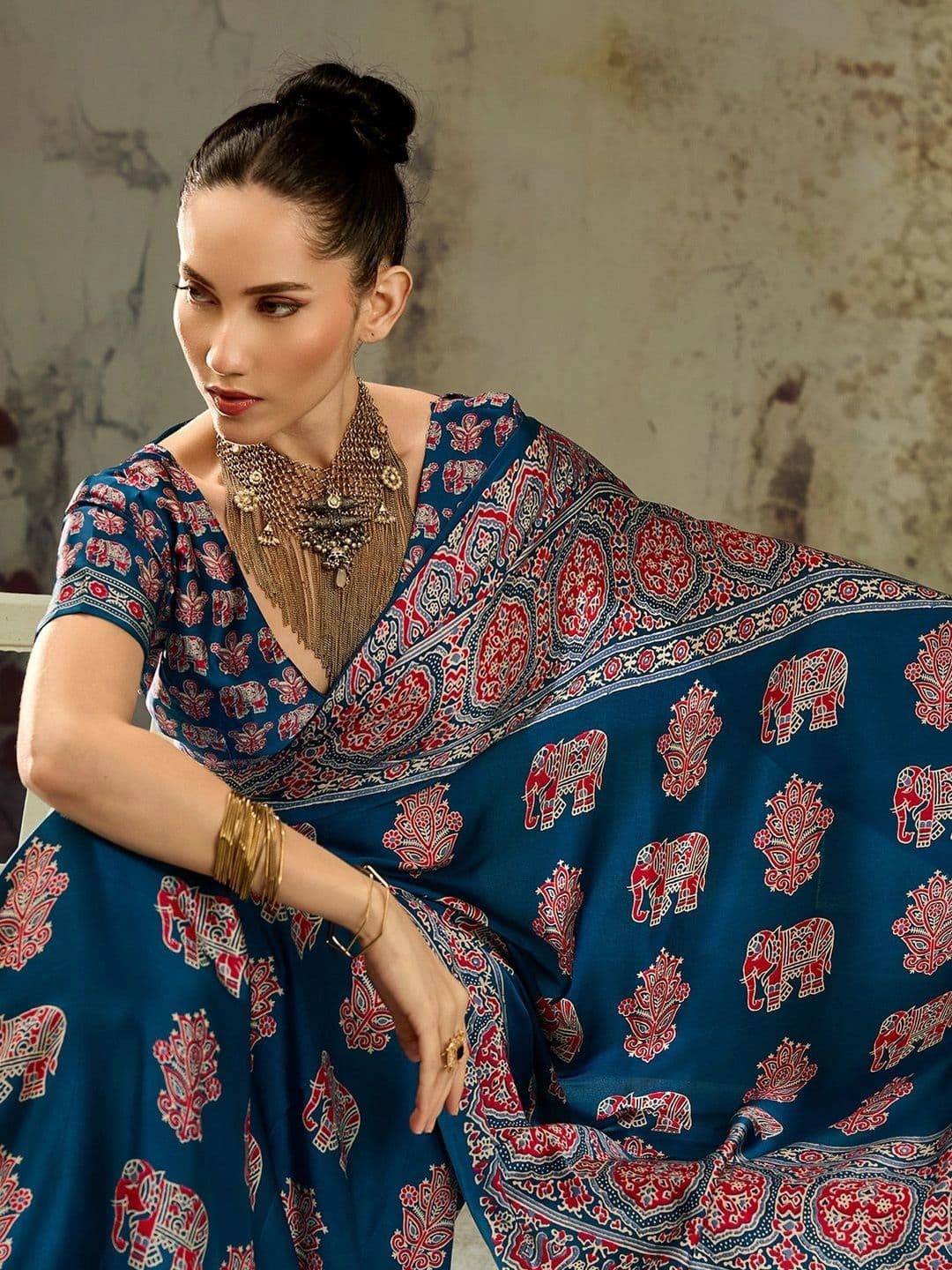 Sangria Ajrak Block Satin Designer Block Print Saree thumbnail 4