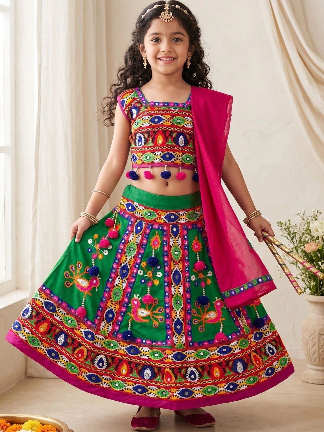 ahhaaaa Girls Embellished Mirror Work Ready to Wear Lehenga & Blouse With Dupatta thumbnail 3