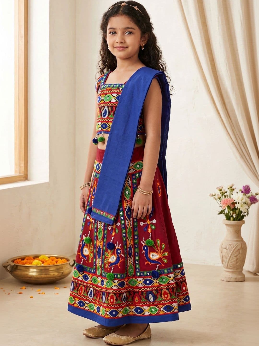 ahhaaaa Girls Embellished Mirror Work Ready to Wear Lehenga & Blouse With Dupatta thumbnail 5