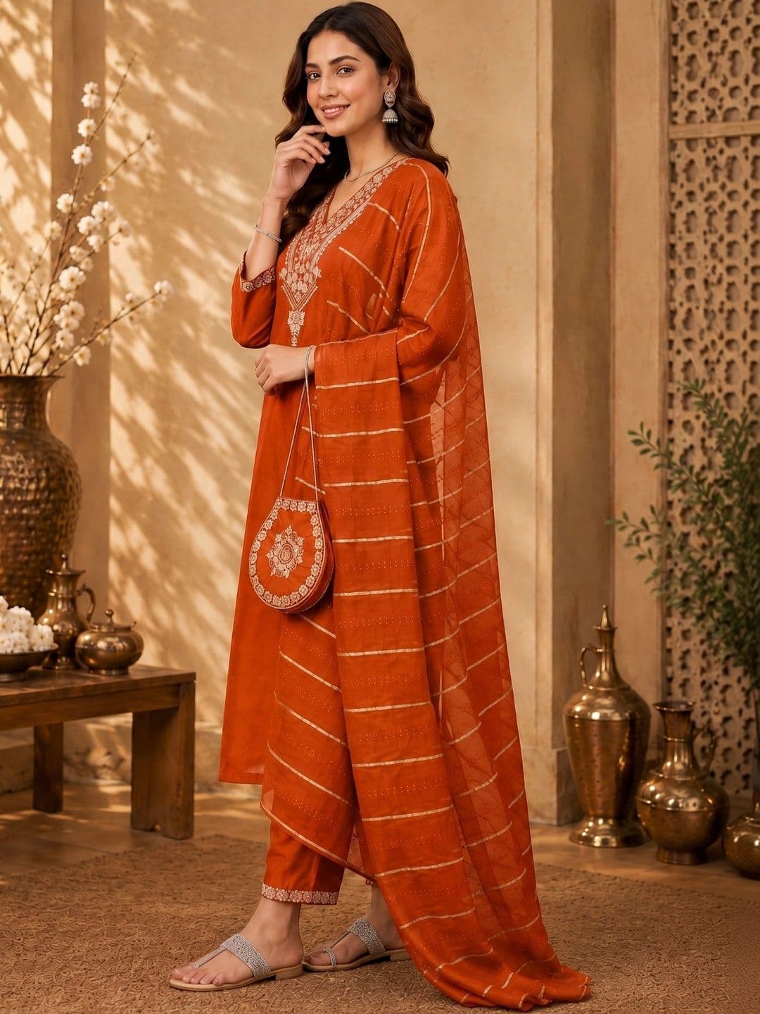 J MOGAL Women Ethnic Motifs Embroidered Kurta with Trousers & With Dupatta thumbnail 4