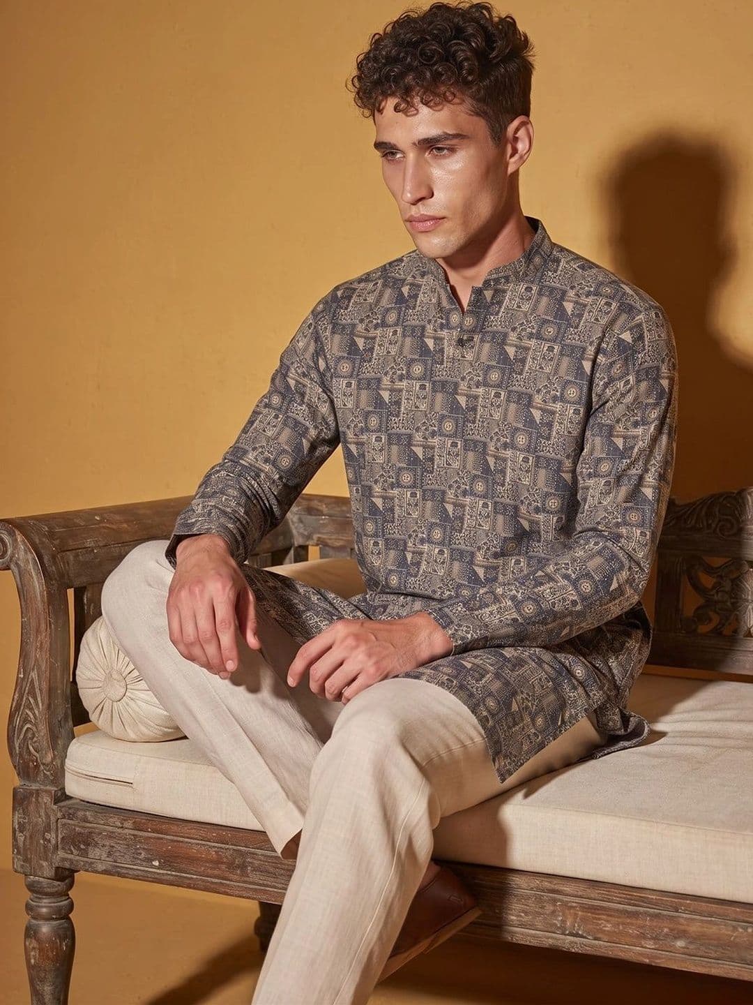 DRIP CHOWK Men Geometric Printed Jacquard Kurta thumbnail 5