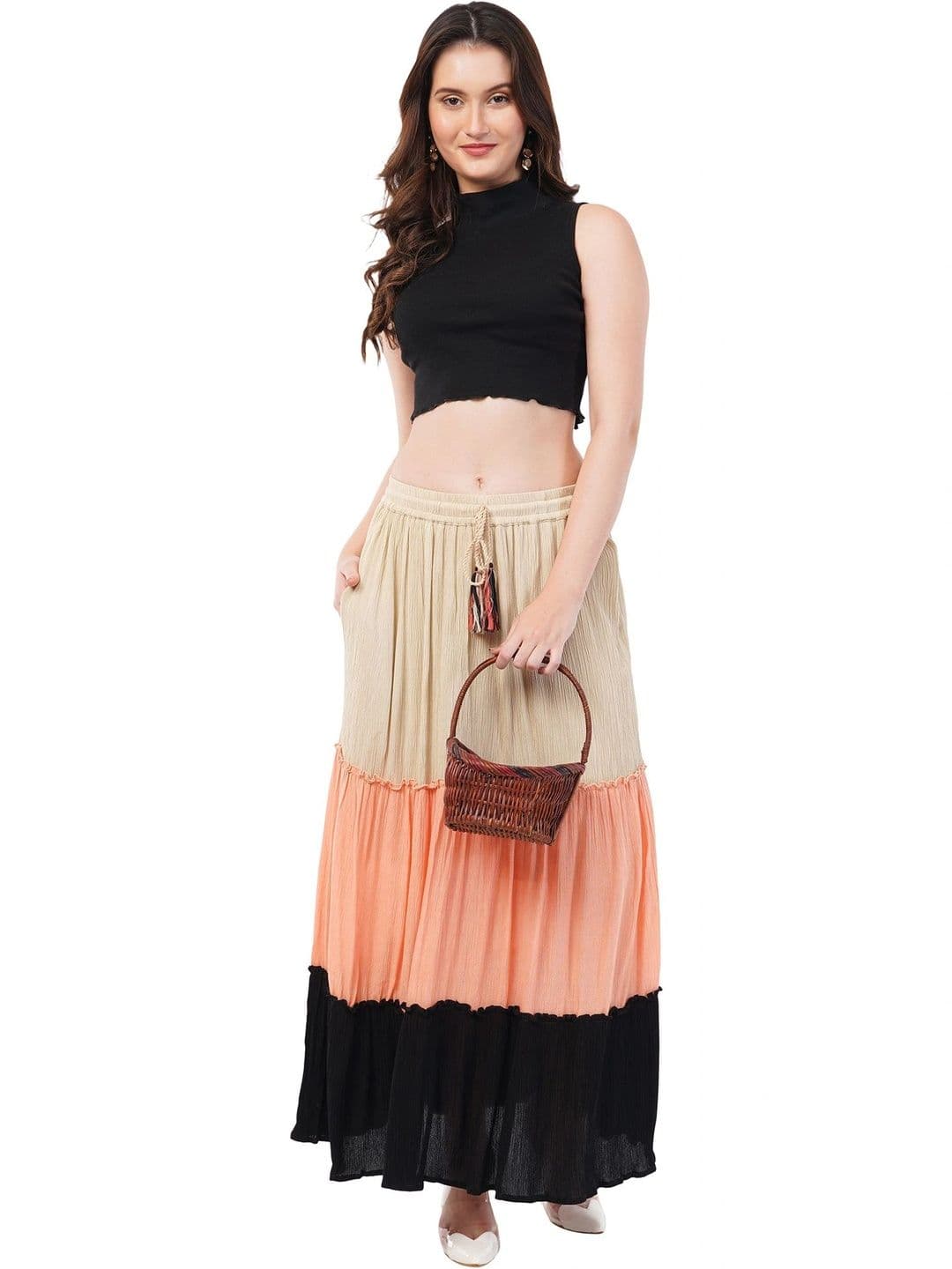 Rabhika Women Pure Cotton Cotton Cambric Colourblocked Maxi Tiered Skirt thumbnail 5