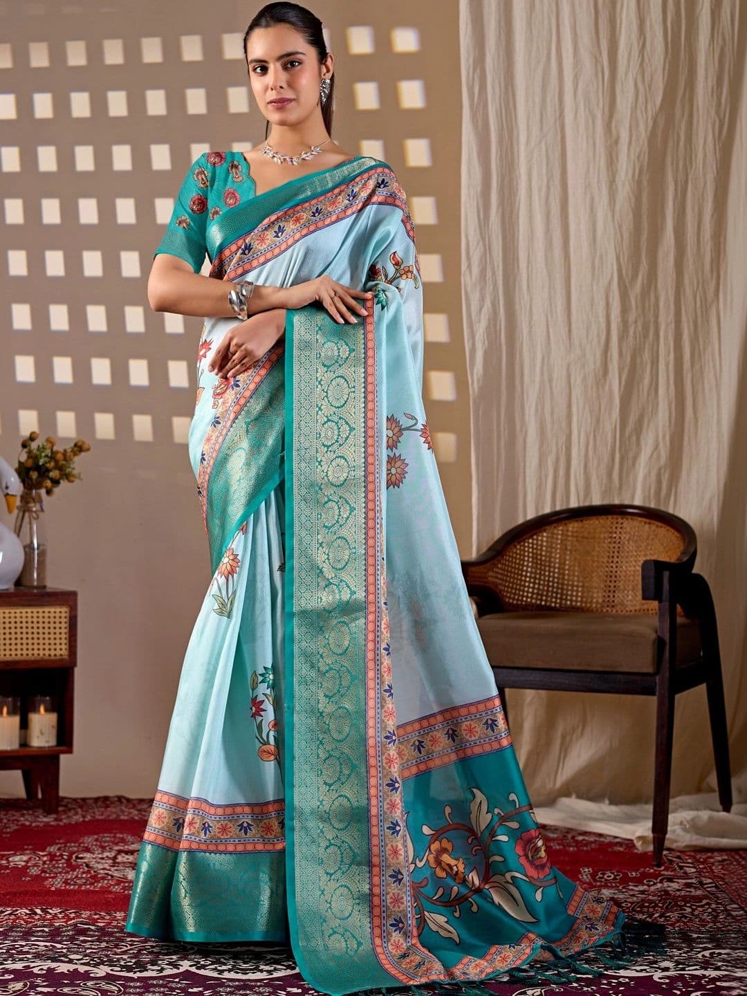 Moda Rapido Floral Zari Silk Blend Designer Saree - view 1
