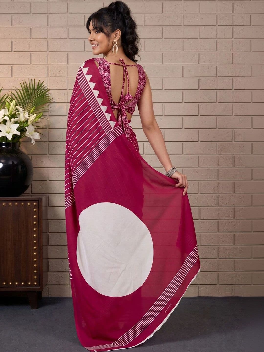 Anouk Striped Satin Designer Leheriya Saree thumbnail 4