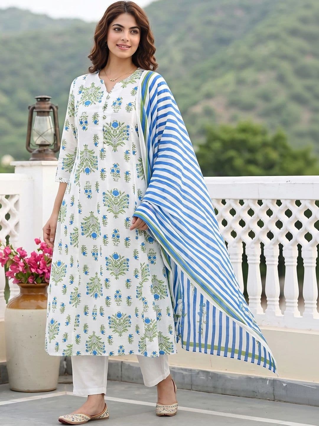 KALINI Women Ethnic Motifs Printed Regular Pure Cotton Kurta with Trousers & With Dupatta thumbnail 2