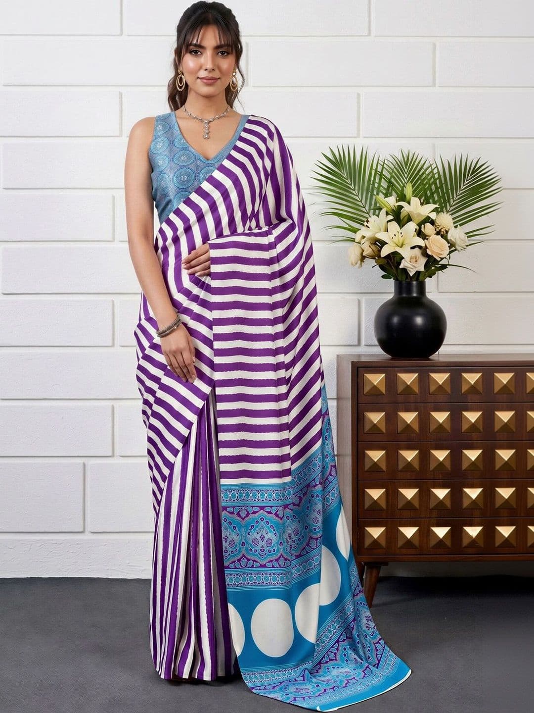 Anouk Striped Satin Designer Saree - view 1