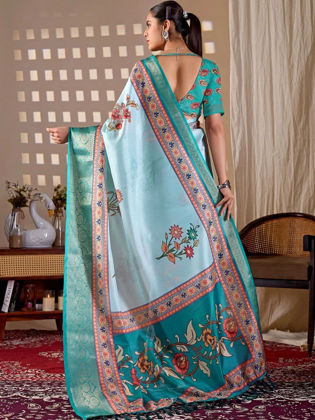 Moda Rapido Floral Zari Silk Blend Designer Saree thumbnail 3