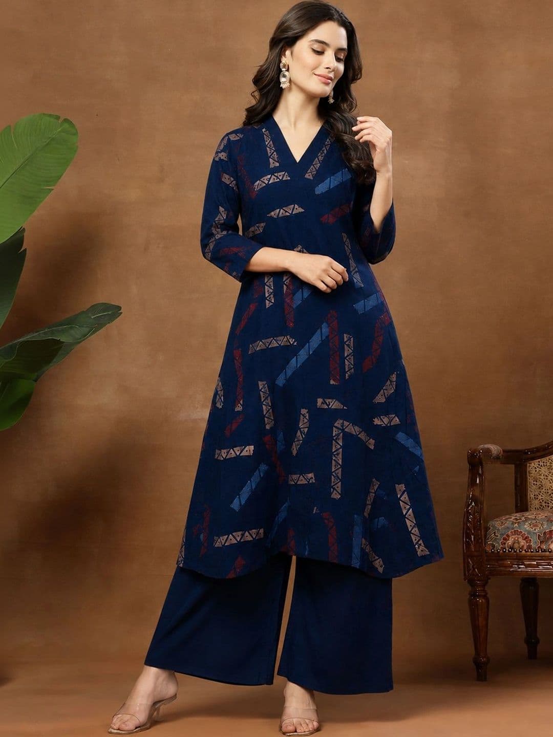 Sangria Geometric Printed A-Line Kurta with Palazzos thumbnail 3